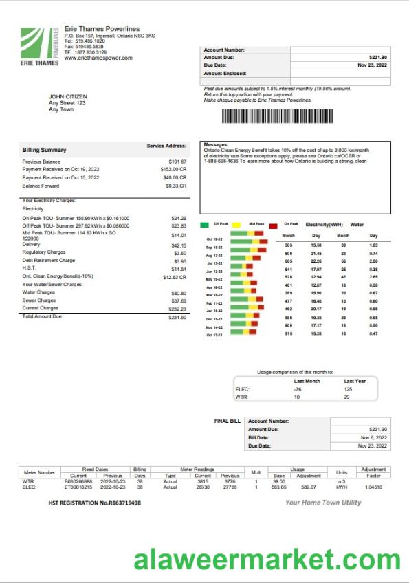 USA Ontario Erie Thames utility bill template in Word and PDF format